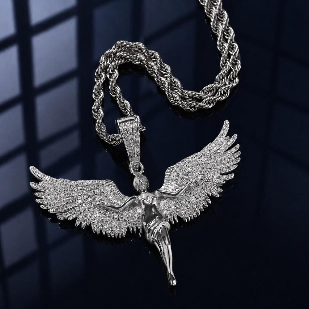 Silver Angel Wings Pendant With 24inch rope chain